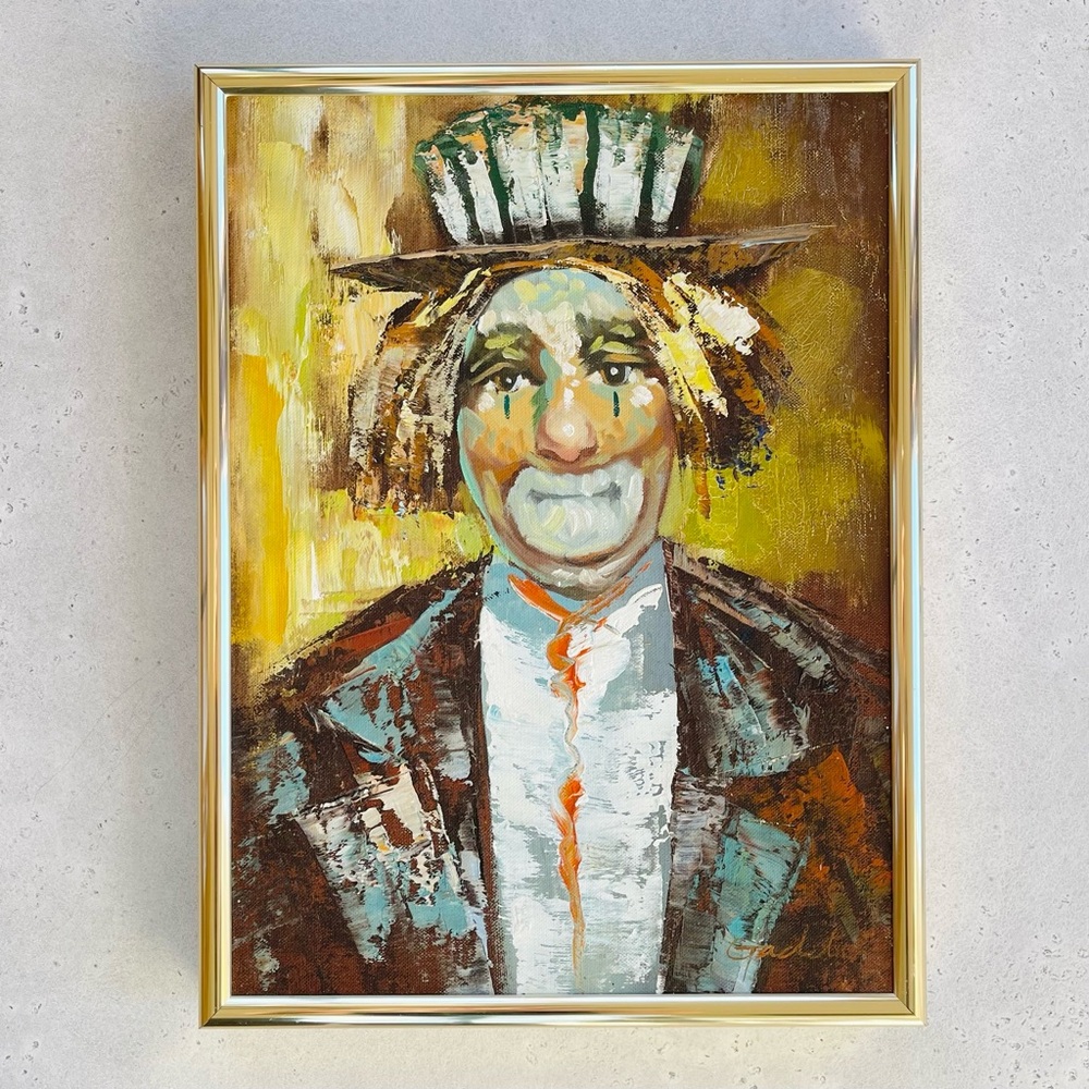 Vintage Signed Sad Hobo Clown Oil Painting 12”x 16”
